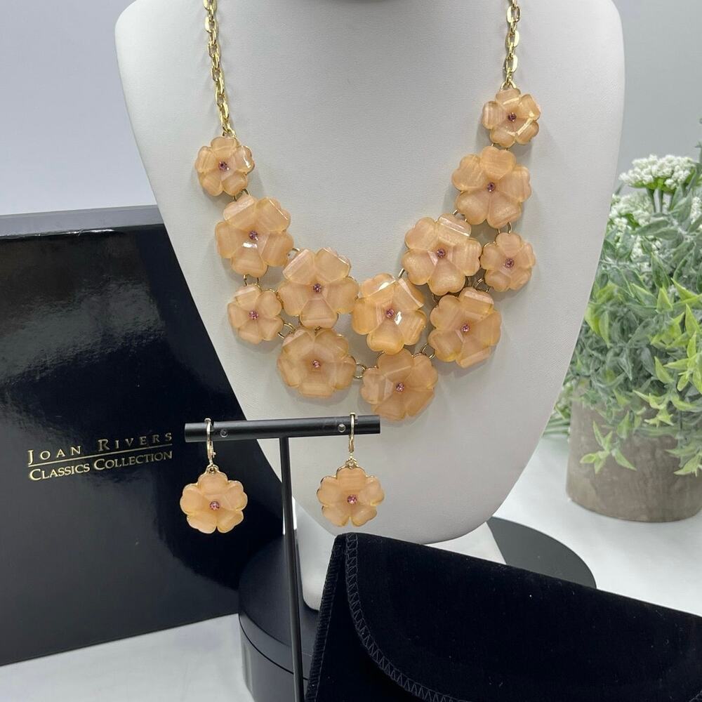 Joan Rivers Flowers Rhinestones
Yellow Lucite Vintage Necklace Earrings Set Box